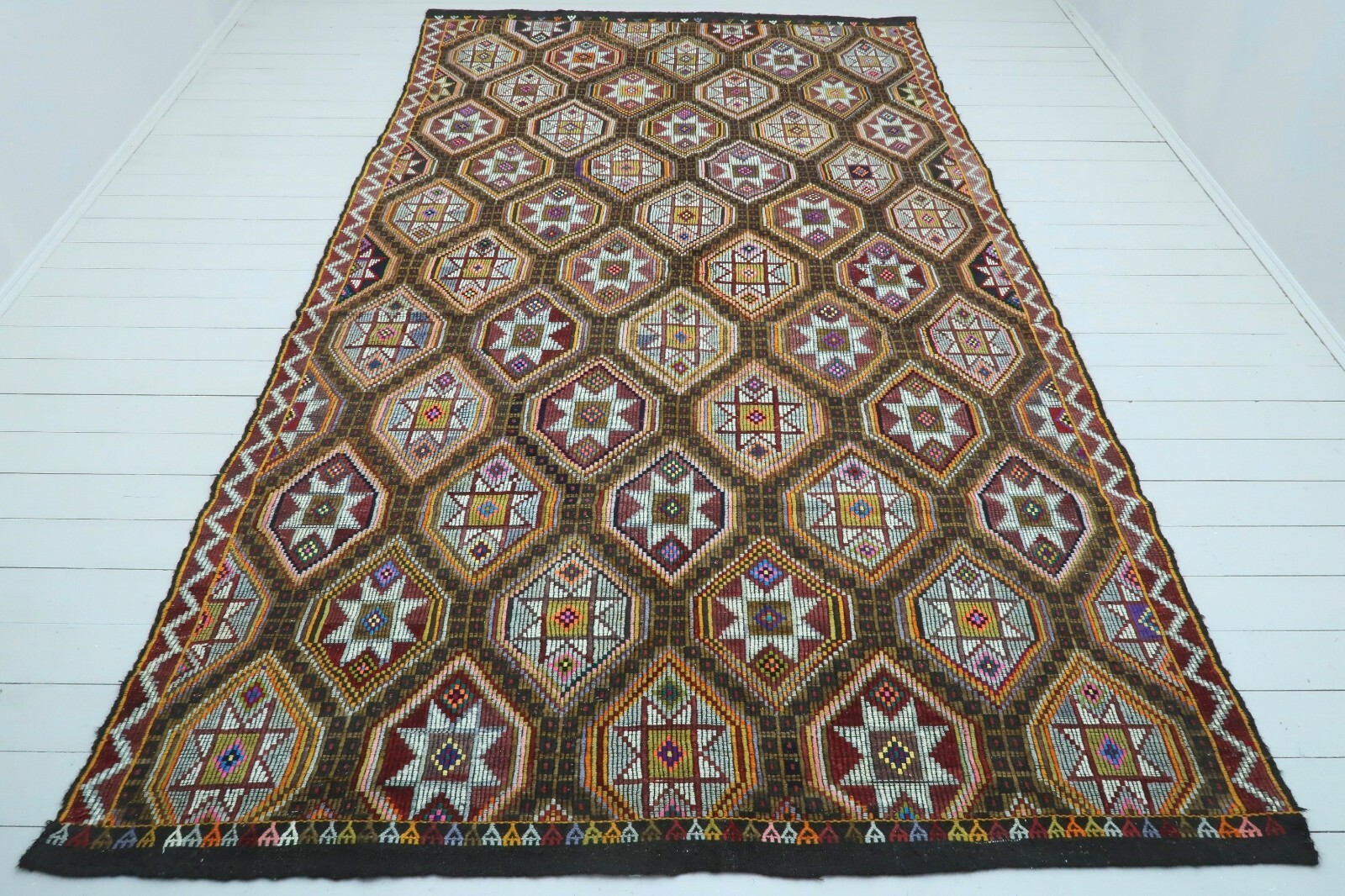 Large Star Embroidered Multicolor Cecim Kelim, Handwoven Turkish Rug 81"x140" gallery