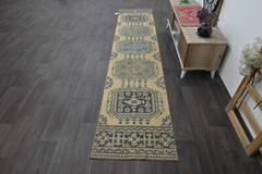 Vintage Turkish Runner Rug 2x8ft YELLOW Handmade Anatolian Oushak Hallway Wool