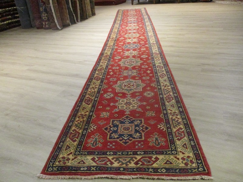 18' FEET RUNNER AFGHAN-REFUGEE Vegetable-Dye HANDMADE-KNOTTED WOOL RUG 586305 gallery