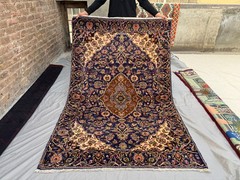 Vintage Afghan Hand-Knotted Wool Rug Navy Floral Medallion Area Rug 4’5 x 6’8 Ft