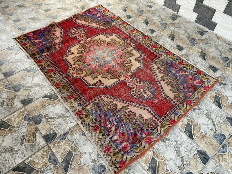 Antique Vintage Turkish Oushak Rug 4x6.6 ft Hand-Knotted Wool Tribal Geometric gallery