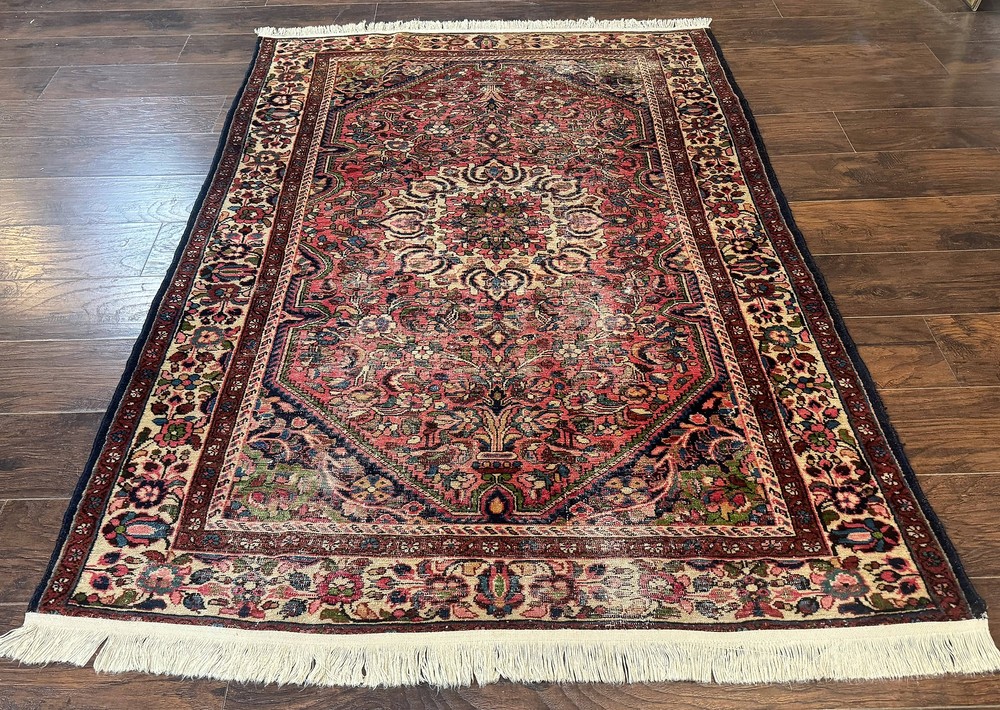 Antique Per'sian Malayer Rug 4.7 x 6.6 Tribal Rug 1920s Carpet Light Red