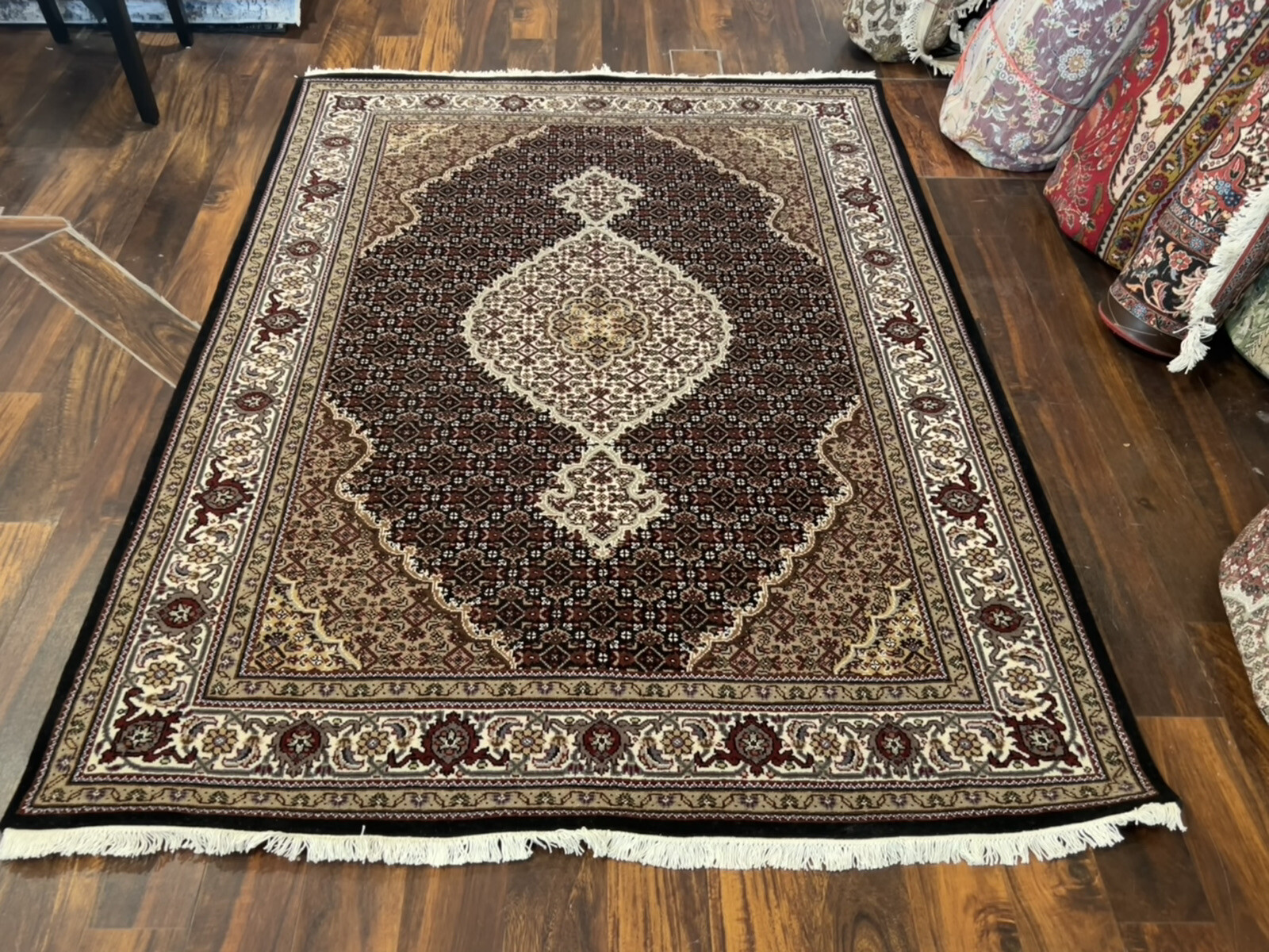 Fine Black Genuine Hand Knotted Silk&wool Tabrizz Area Rug Carpet 5’x6’10”,#119 gallery