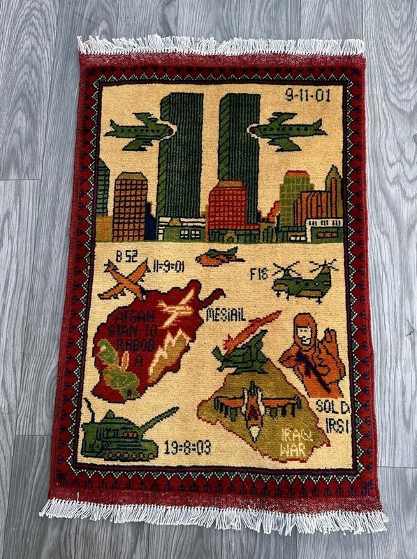 Afghan Handmade Wool Rug 9/11 War Rug Knotted Pictorial Hanging Wall Rug gallery