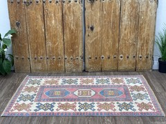 3×5 Pink Blue White Vintage Turkish Rug, Hand-Knotted Wool Rug, Small Oushak Rug