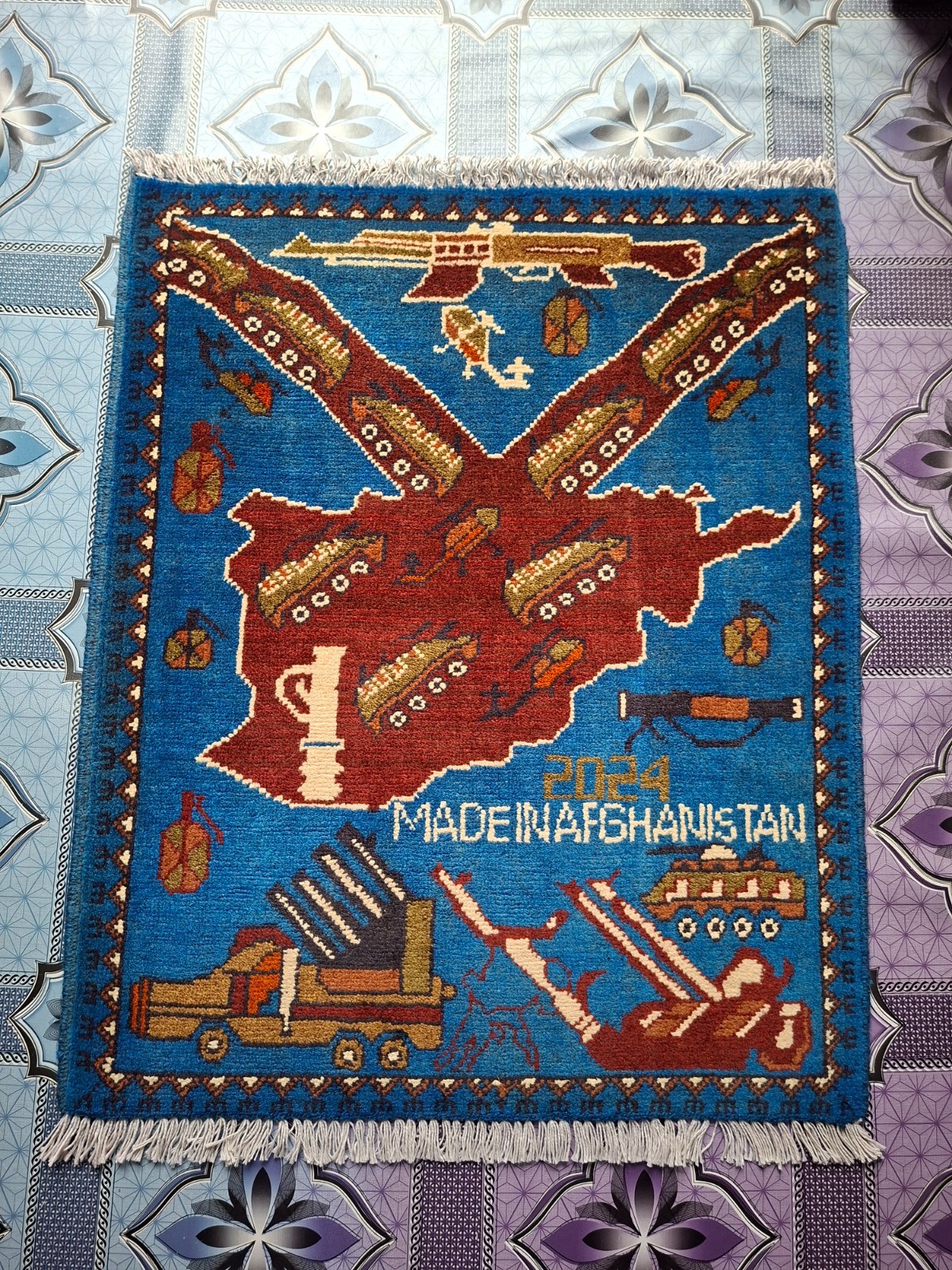 M131 Vintage Afghan War Rug 9/11 Handmade Wool Pictorial Tribal Rug 79 ×64 Cm gallery