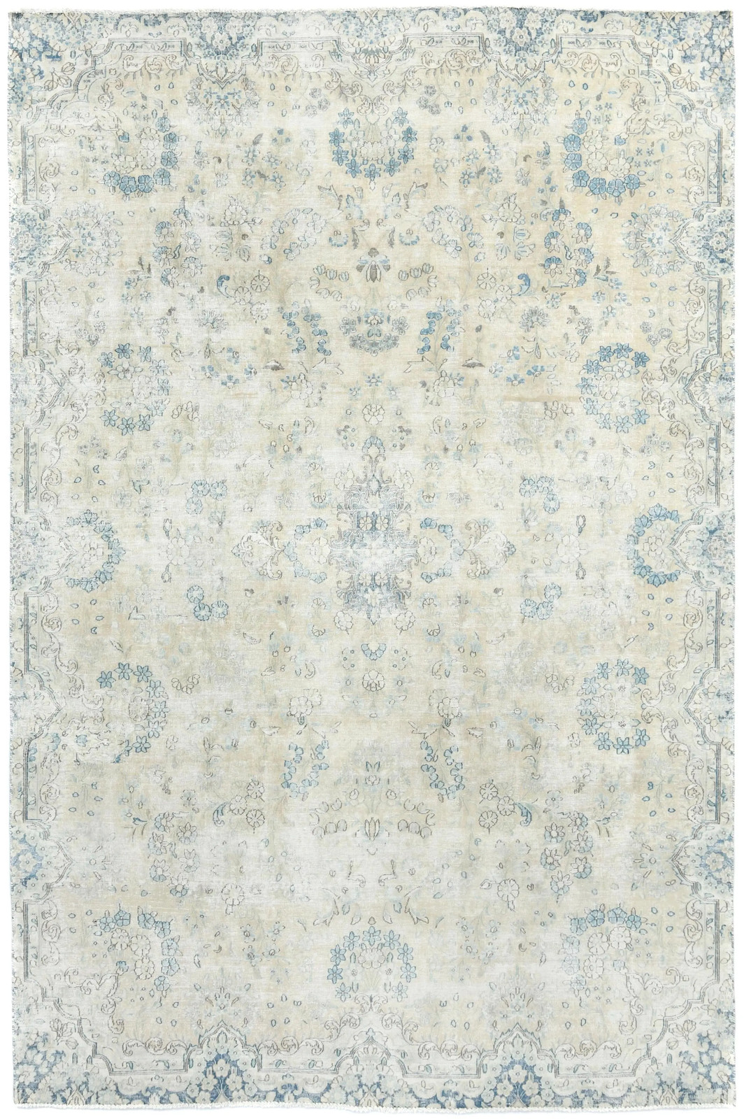 Muted Beige Floral Distressed Oriental Rug 7'5X11 ft Vintage Farmhouse Carpet gallery