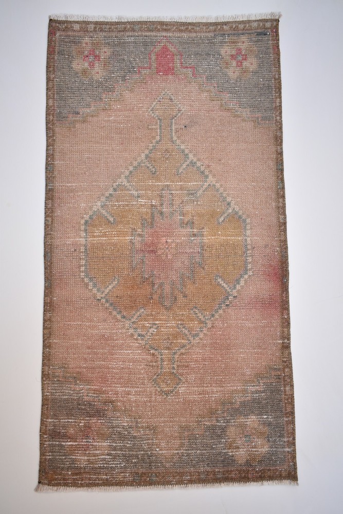 Turkish Rug 19'' x 36'' Vintage Anatolian Hand Knotted Oushak Rug Muted Dye Rug
