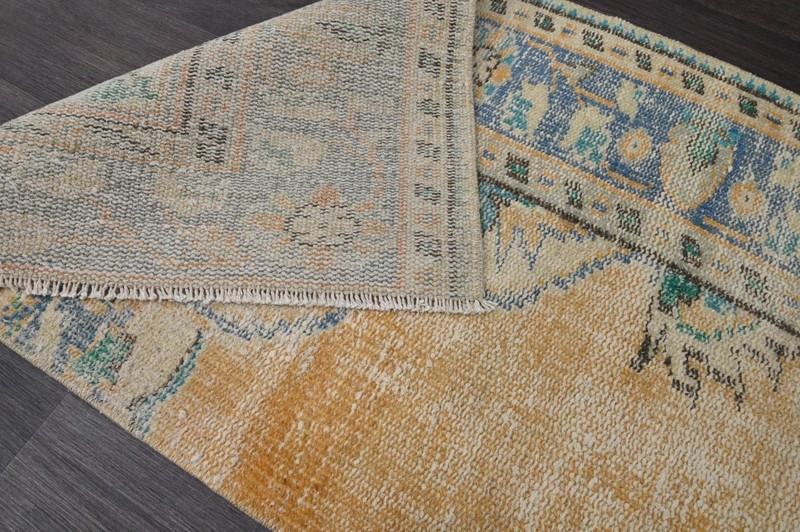 Vintage Turkish Runner Rug 2x7ft YELLOW Handmade Anatolian Oushak Hallway Wool gallery