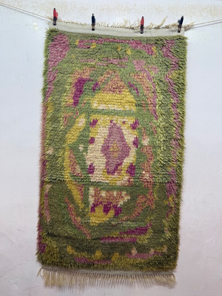 Vintage Beautiful Hand Knotted Mid Century Swedish Scandinavian Rye Shag WoolRug