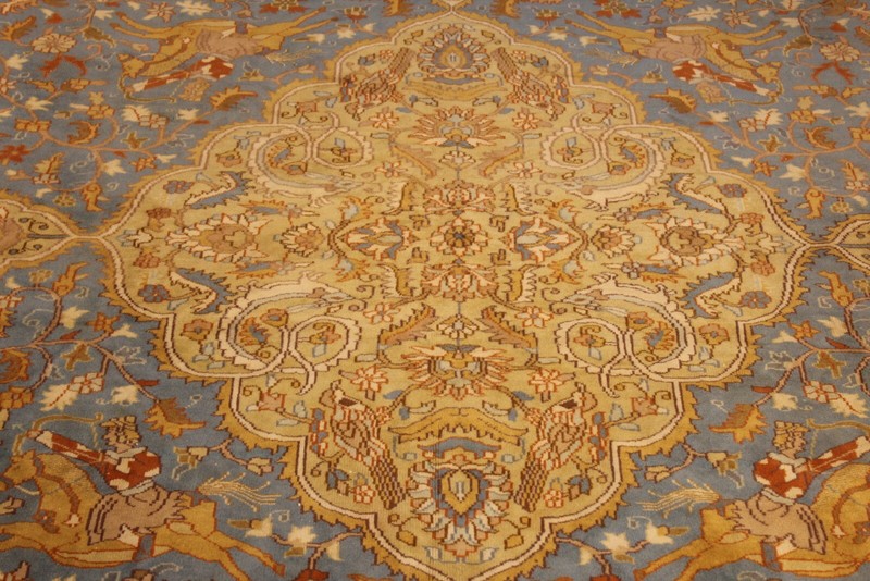 Handmade knotted Oriental Rug Pictorial 8' x 12' Wool area rug Blue, gold Heriz gallery