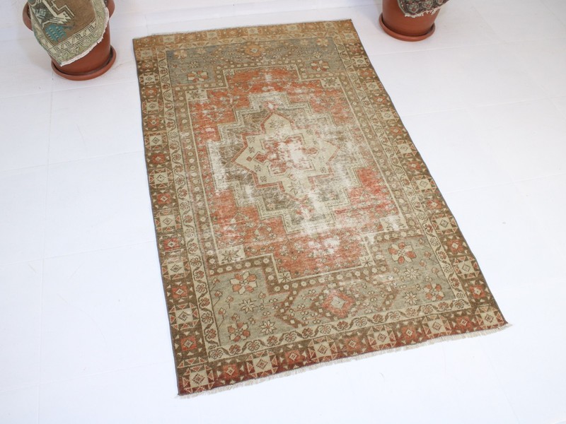 Vintage Turkish Area Rug 4x6 ft | Handmade Wool Red Beige Rug |3.6 x 5.8 ft gallery