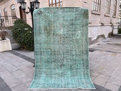 Vintage Turkish Overdyed Rug 5.2×8.2 Turquoise Hand Knotted Wool Area Rug