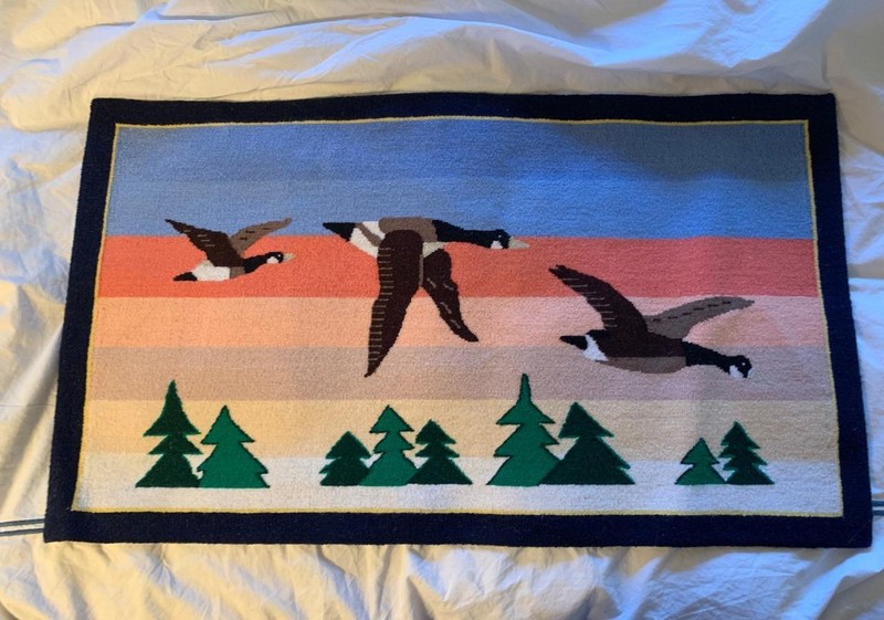 Antique Grenfell Rug 3 Canada Geese in Flight Midnight Sun Large 30" Hand Made gallery