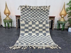 Moroccan Handmade Beni Ourain Rug 3’1″x4’7″ Berber Checkered White Gray Rug