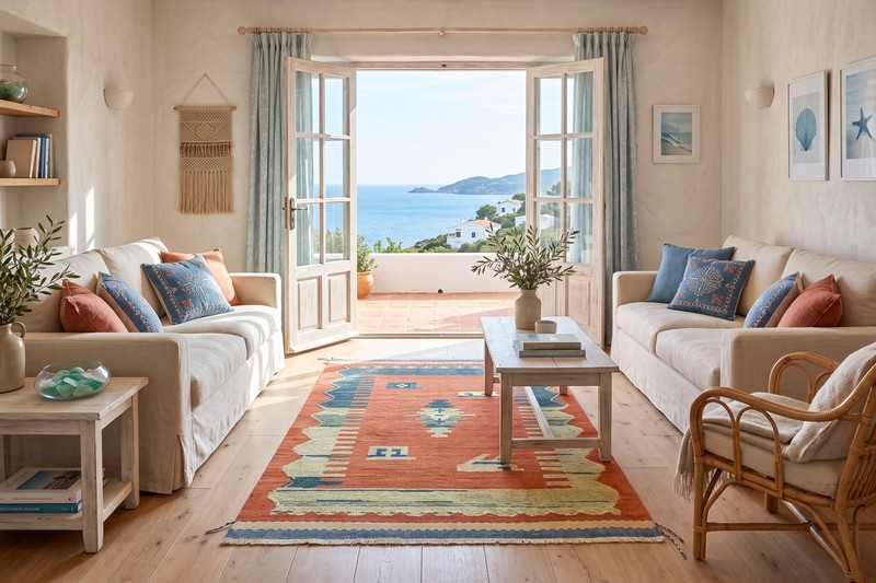Living Room Rug 4x5 ft Turkish Oushak – Terracotta Teal Geometric Flatweave gallery
