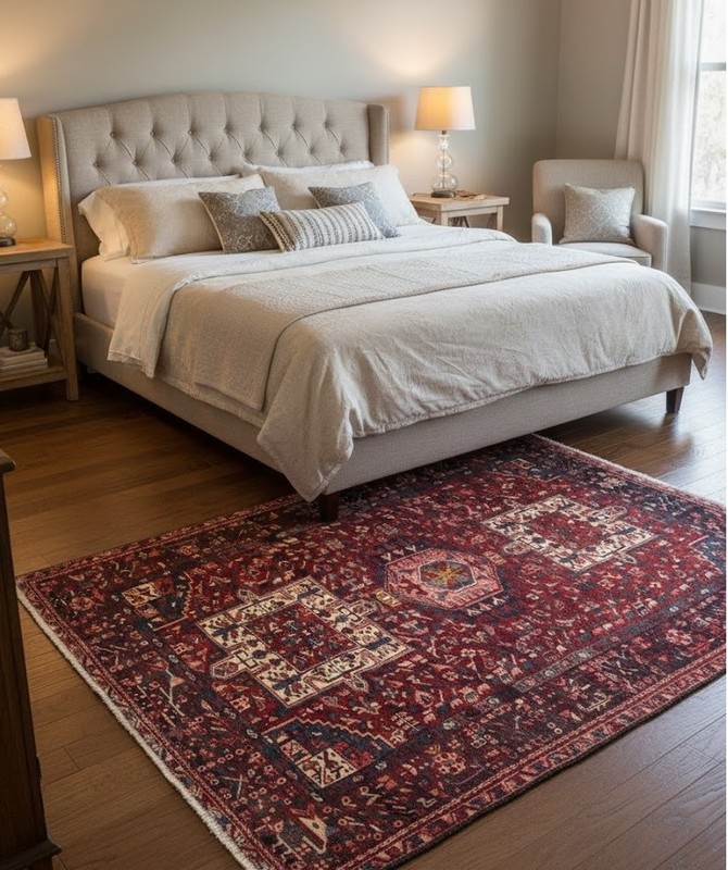 Semi-Antique Karajeh Oriental Rug Red Tribal Design Farmhouse Wool Carpet 5X6 ft gallery