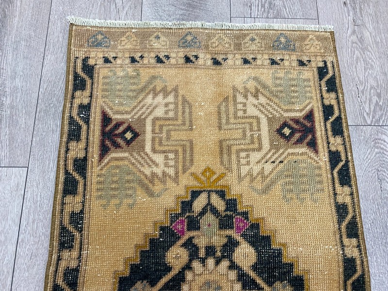 Vintage Turkish Medallion Rug Small Tan Black Navy Oriental Door Mat 1.8x3.3 ft gallery