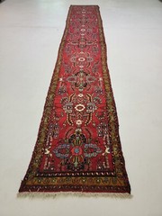 Antique Oriental Hand-Knotted Wool Runner Red/Green/Blue/Ivory 2’10” x 17’3″