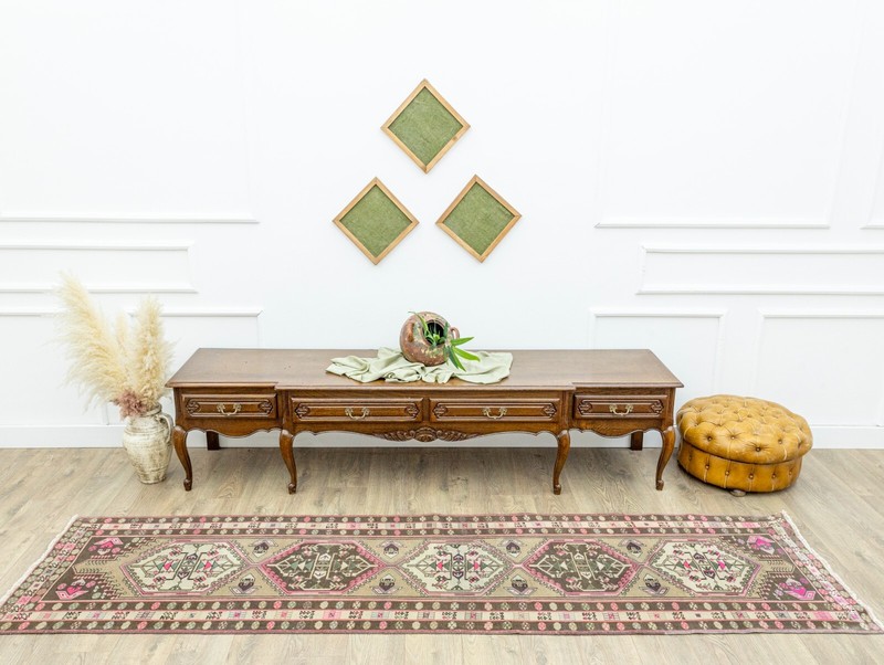 Turkish Oushak Runner Rug 2.7x10 ft – Pastel Pink Green – Modern Entry Rug gallery