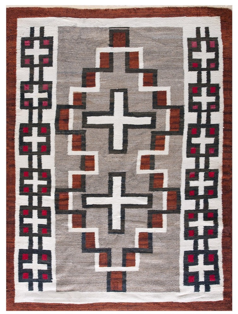 4'x5' Antique Navajo Small Scatter Size Wool Gray, Red, White Rug