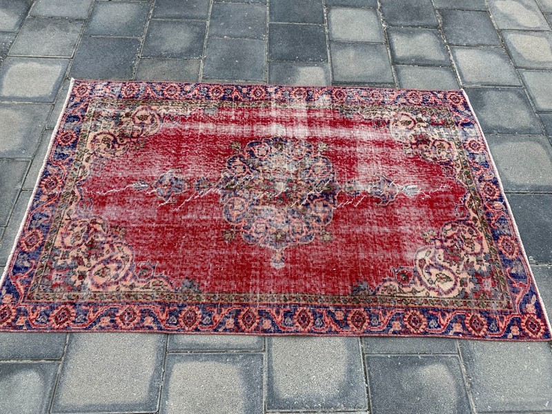 Vintage Turkish Area Rug 3.7 x 5.8 ft Hand Knotted Wool Red Distressed Carpet gallery