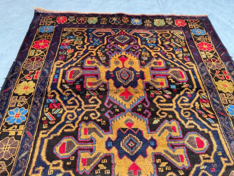4x6'6 ft Vintage Afghan Baluchi Hand Knotted Wool Navy Gold Herati Field Rug gallery