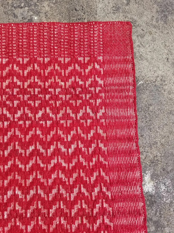 Vintage American Handmade Jacquard Loom Reversible Wool Red Blanket 6.6x4.5 ft gallery