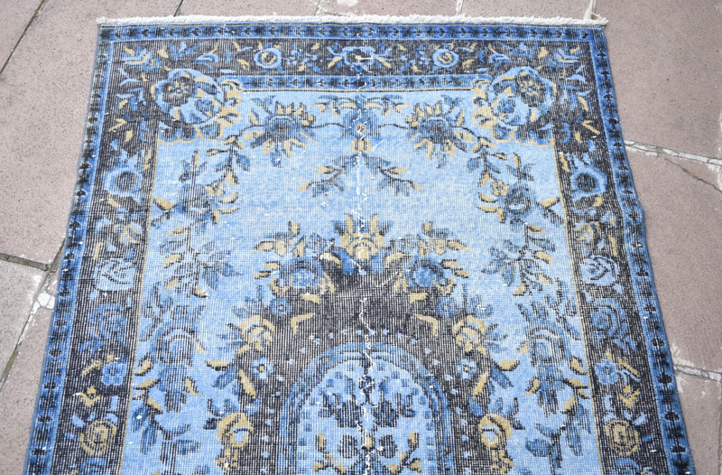 Vintage Turkish Rug 44'' x 86'' Hand-knotted Over Dyed Blue Rug Painted Wool Rug gallery