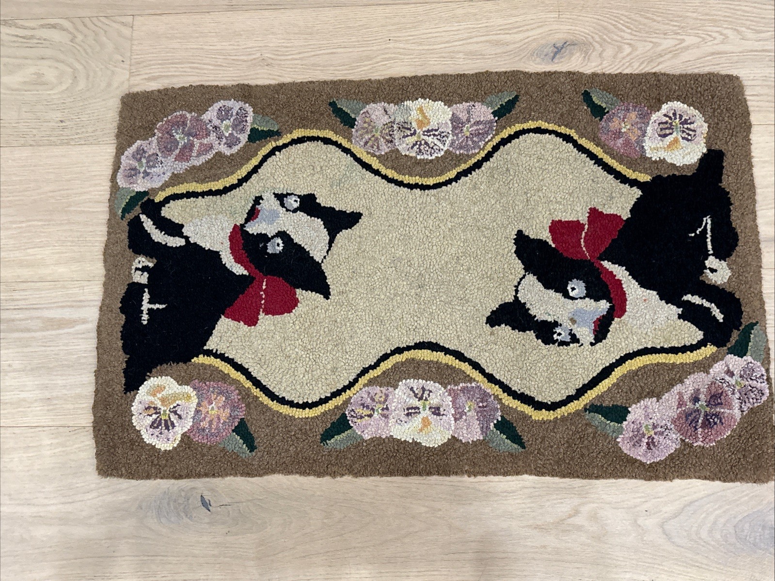 Antique Folk Art Boston Terrier Hooked Rug C1920, 32”x20” Handmade gallery