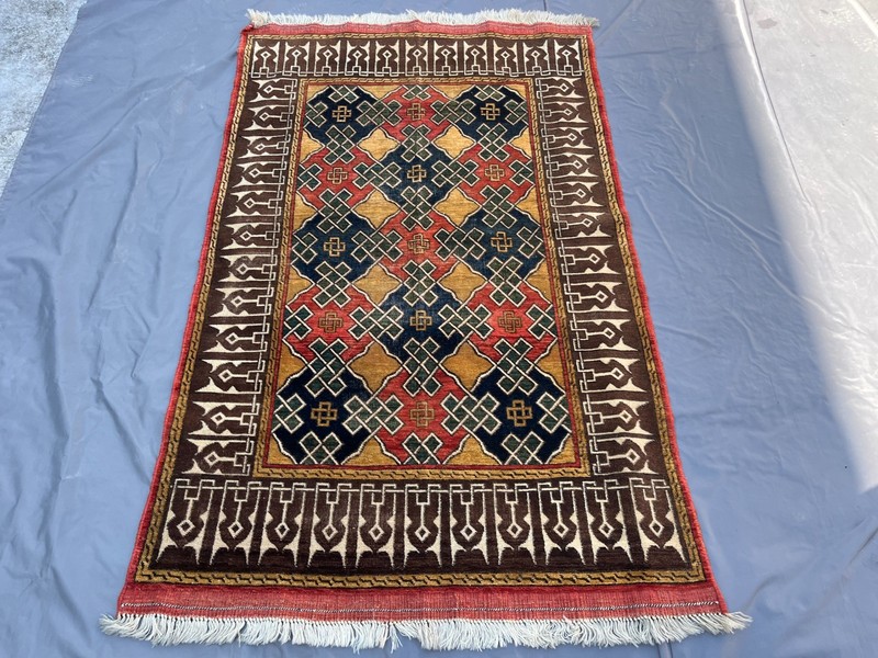 1930s Antique Terracotta Turkmen Rug 4x7 Fine Geometric Faded Persian Old Carpet gallery