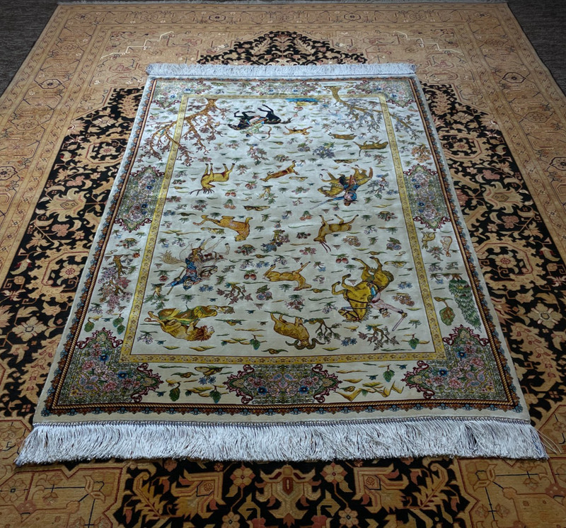 Silk Rug 3 x 5 feet Traditional White Hunting Design Premium Quality gallery