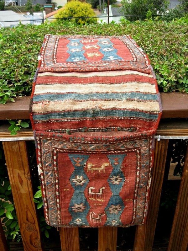 1880 CAUCASIAN ANTIQUE SADDLE BAG SOUMAC WITH ANIMALS gallery