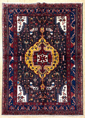 5×8 Vintage Hand Knotted Wool Nahavand Navy Blue Gold Tribal Bird Oriental Rug