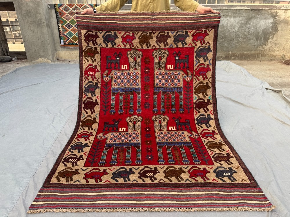 Vintage Afghan Hand Knotted Pictorial Rug 4'5x6'5 Wool Animal Tribal Wall Rug