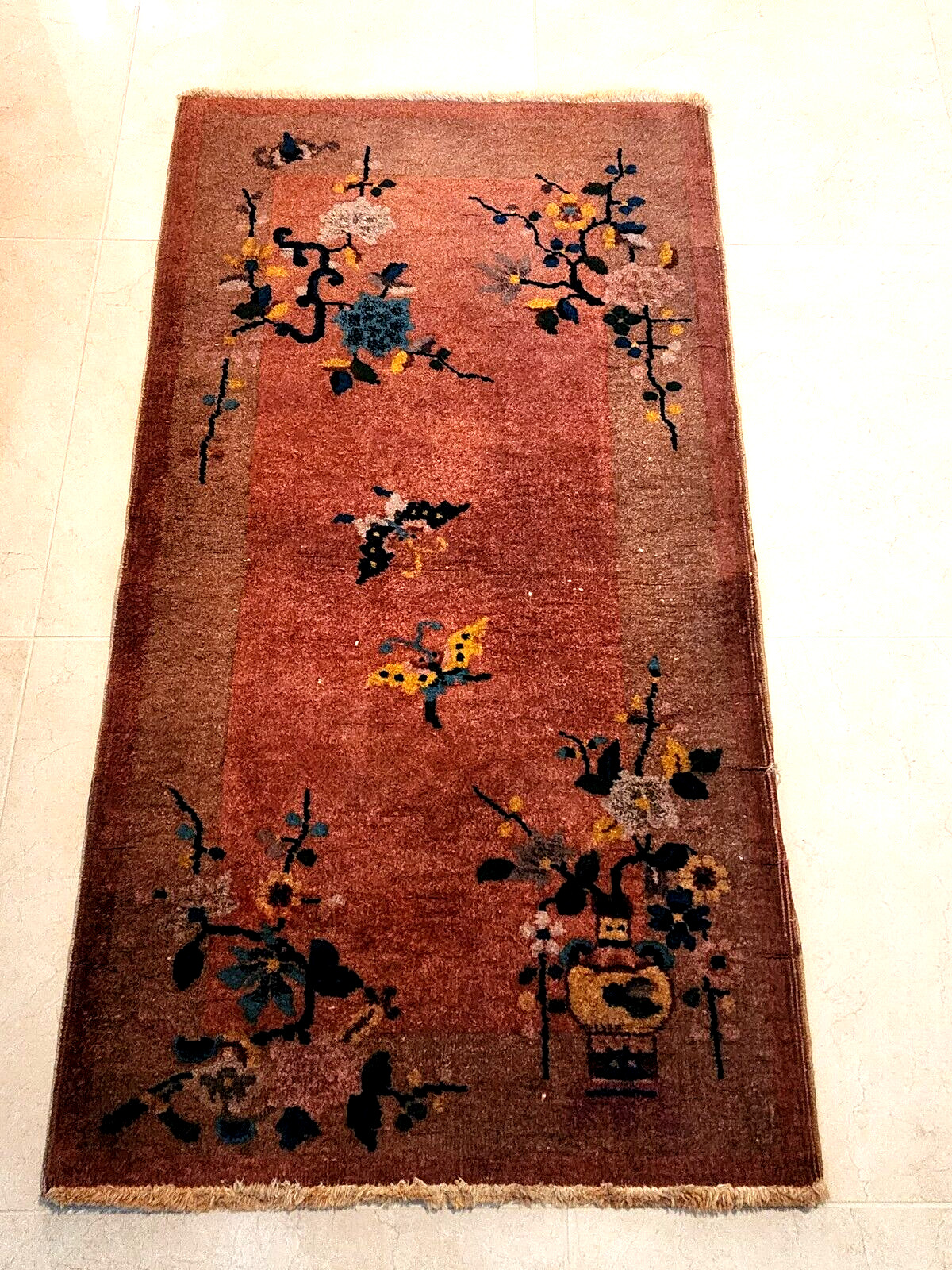 4x2 FT Old Handmade Chinese Small Wool Rug gallery