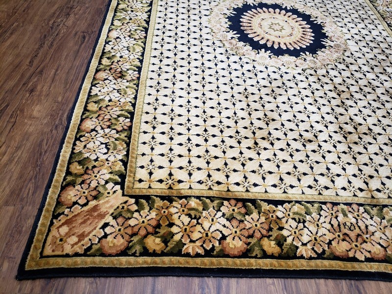 Indian Rug with Tibetan Weave 6x8 - 6x9 Rugs Indo Carpet Black and Cream Floral gallery