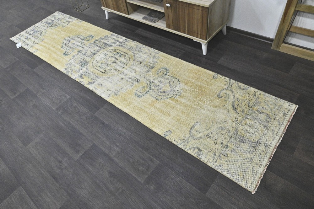 Vintage Turkish Runner Rug 2x10ft YELLOW Handmade Anatolian Oushak Hallway Wool