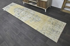 Vintage Turkish Runner Rug 2x10ft YELLOW Handmade Anatolian Oushak Hallway Wool