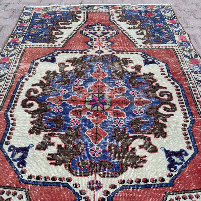 4x7 Terracotta Blue Wool Vintage Turkish Geometric Floral Handmade - Tariff Free gallery