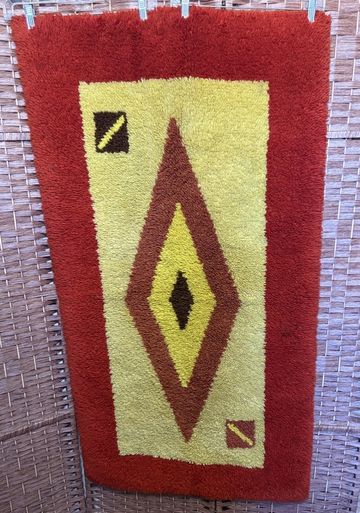 Vintage 70's MCM Latchhook Rug Bohemian Aztec 54X29