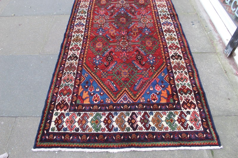 Vintage Hand Made Traditional Oriental Wool Red Blue Long Rug Runner 317x110cm gallery
