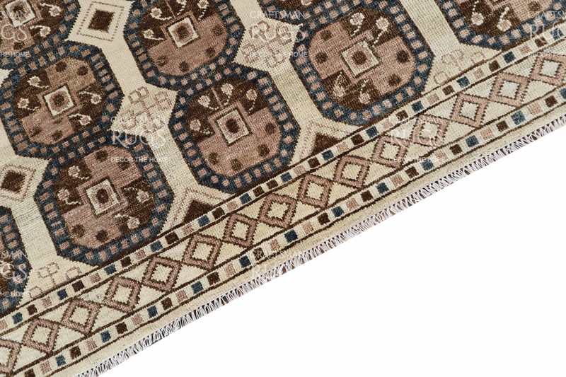 Handmade Octagonal Geometric Rug – Brown, Beige & Dark Blue Border 8x10ft gallery