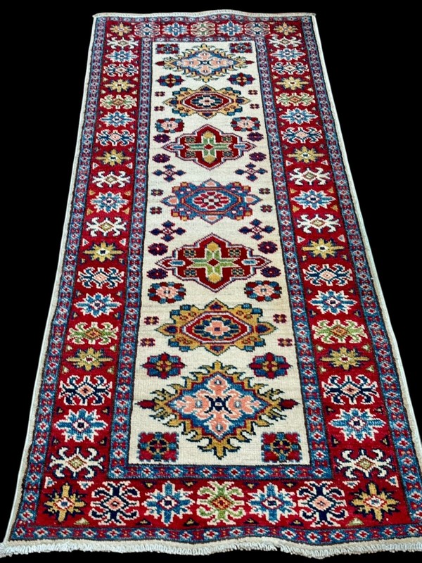 Brand New Colorful Tiny Runner Handmade Ivory Blue Red Geometric Wool Kazak 2x6 gallery