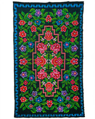 Romanian Bessarabian Kilim Rug Handwoven 100% Wool Black Floral Pink Roses 1960s