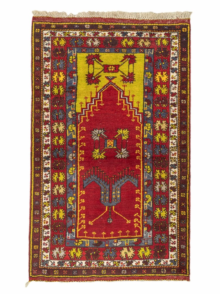 Vintage Hand-Knotted Anatolian Wool Rug – Crimson & Golden Prayer 4'2" x 6'9" ft