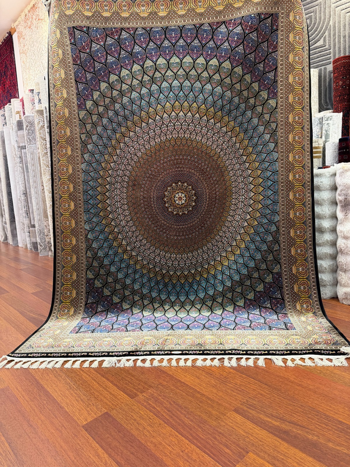 Turkish Silk Look Rug 8x11f Peacock Design Mandala 3D Effect Luxury Oriental rug gallery