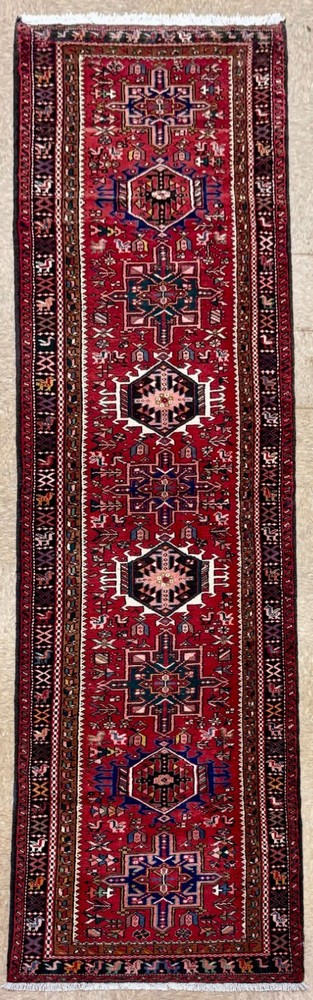 Vintage Karajeh Runner 3x12 Hallway Red Geometric Tribal Hand Knotted Wool Rug