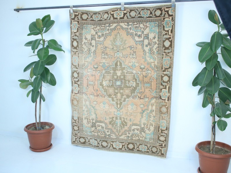 Vintage Hand Knotted Area Rug Blue Teal Brown Geometric Tribal 4x6 ft gallery
