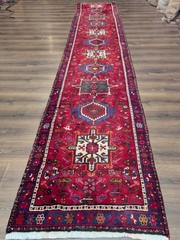 Per’sian Karajeh Runner Rug 3×15 Red Tribal Geometric Medallions Heriz Runner